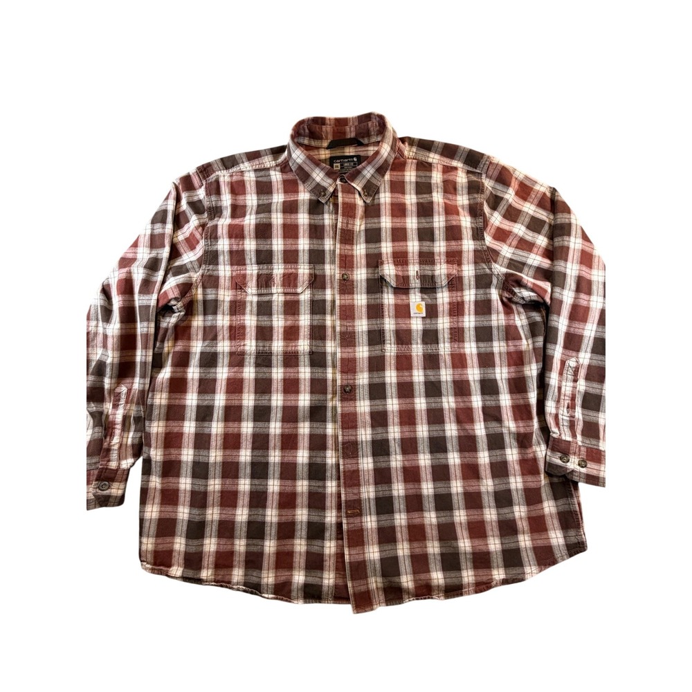 Carhartt Mens 2XL Loose Fit Plaid Button Down Shirt Long Sleeve Brown Burgundy